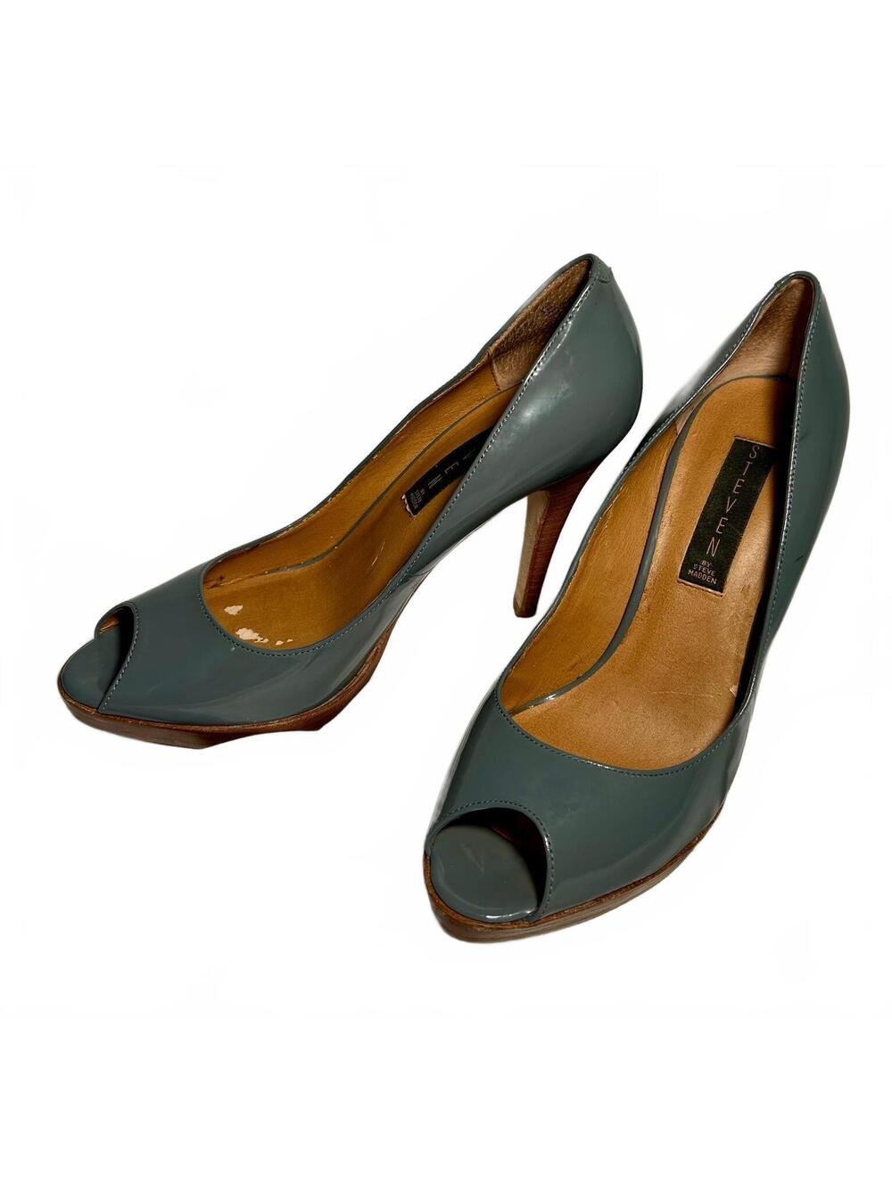 STEVEN by Steve Madden LALO Gray Patent Leather Peep Toe Platform Heels 6.5M